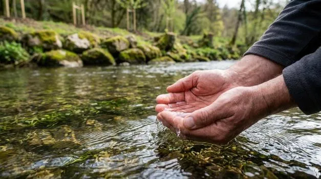 Hands cupping fresh water flowing from a gentle stream
